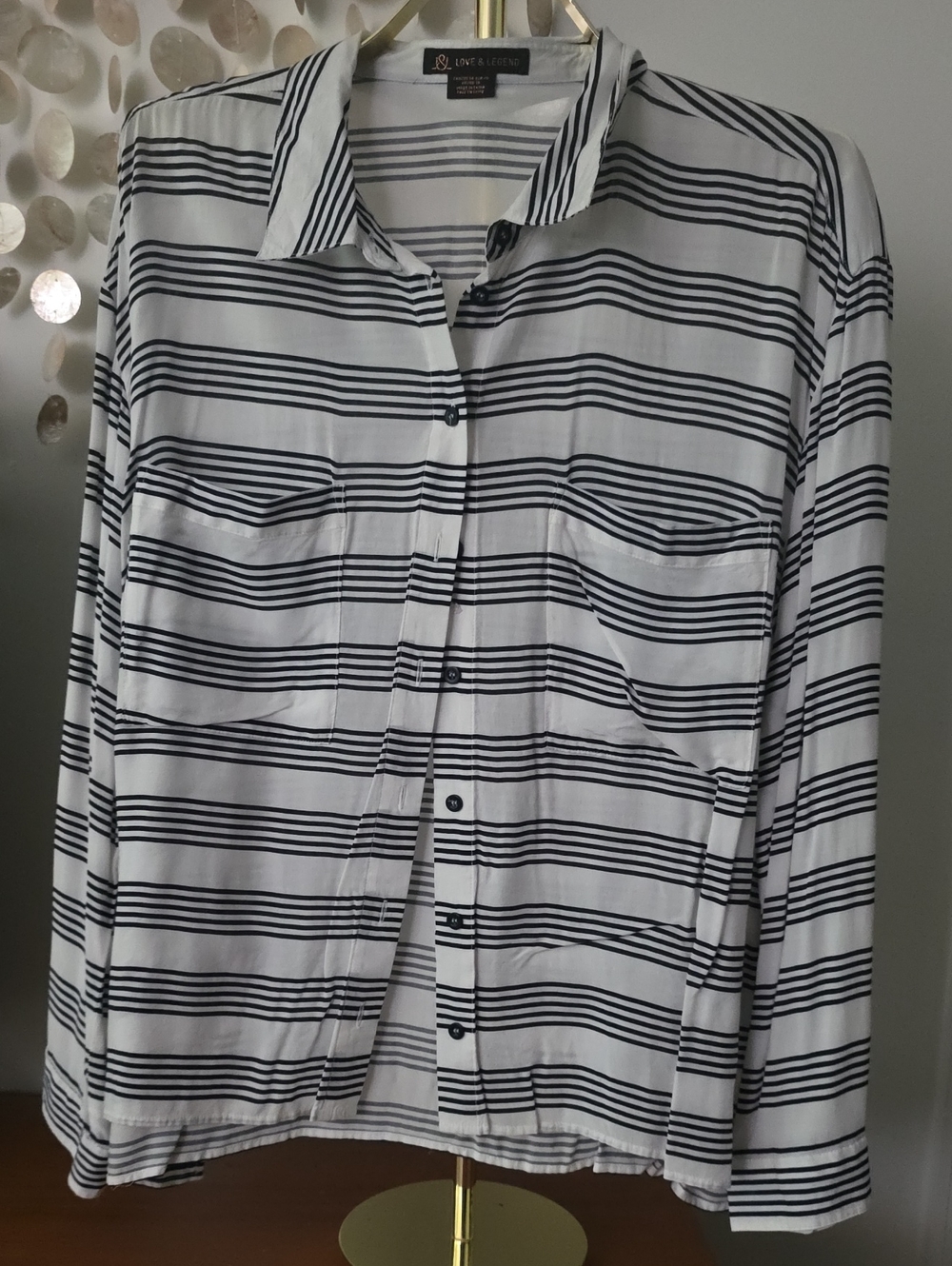 Women's White and Black Striped Button-Front Blouse